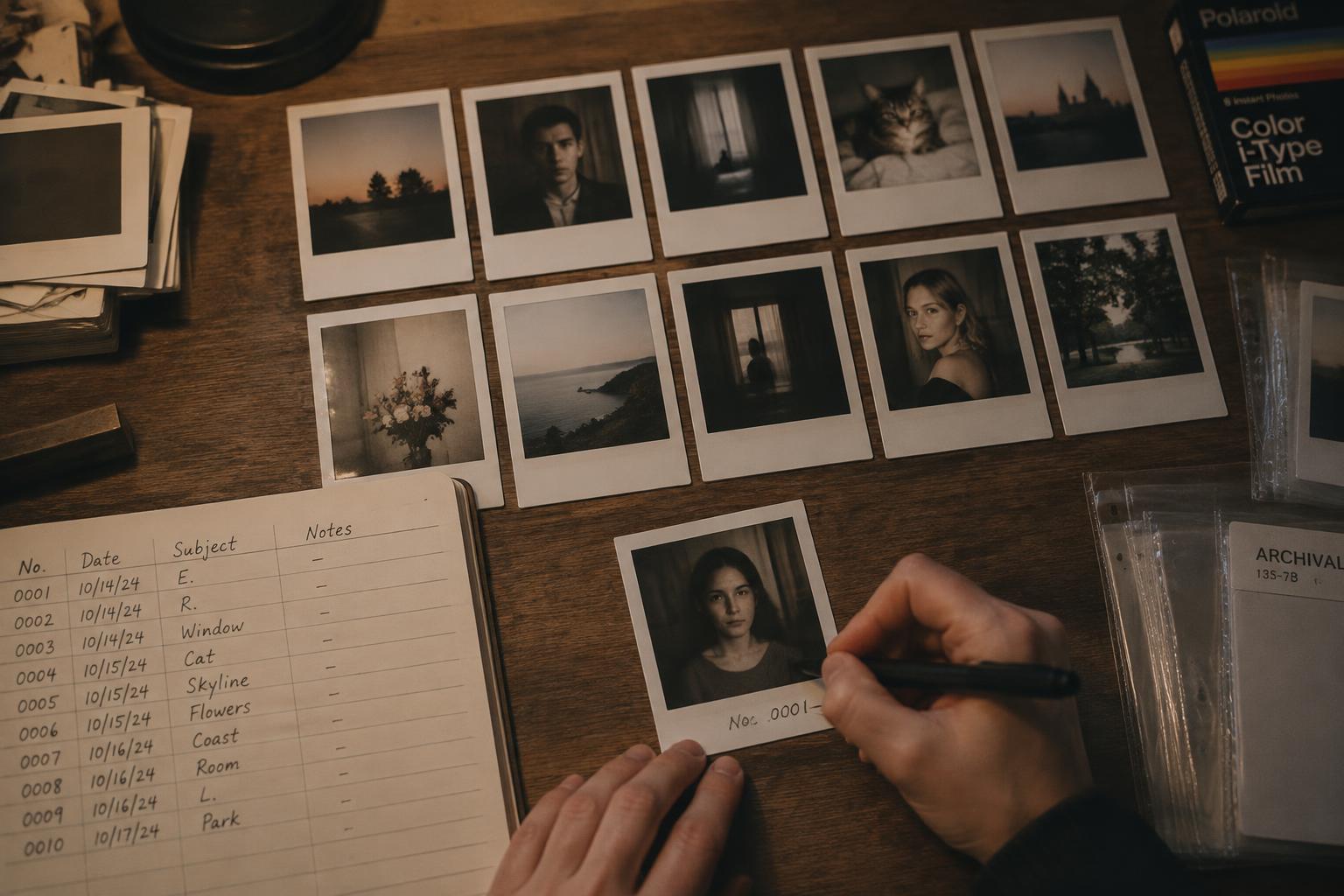 Polaroids being numbered and sleeved on a desk