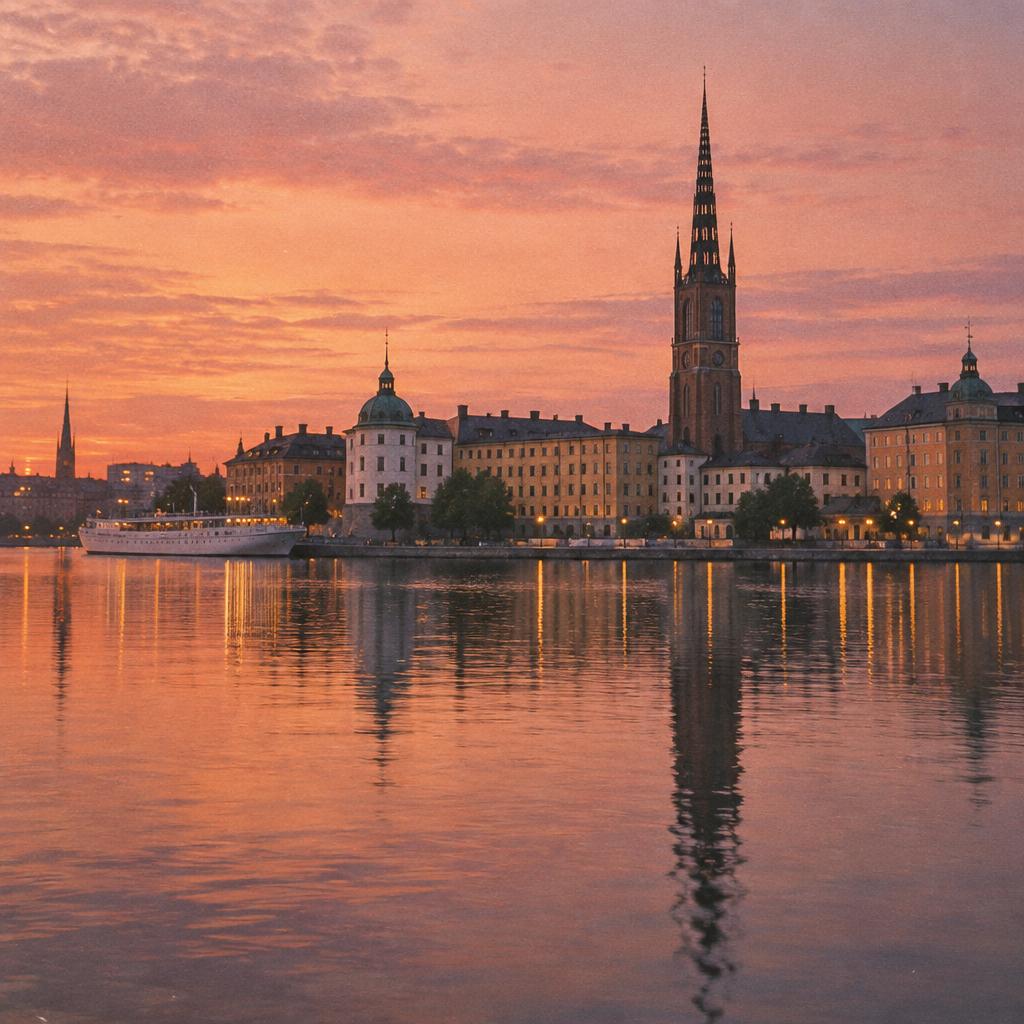 Stockholm waterfront at dusk on instant film